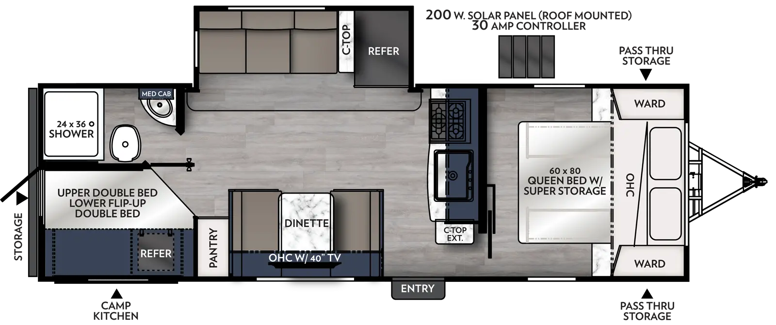 The 256BHS has one slide out on the off-door side and one entry door on the door side. Interior layout from front to back: front bedroom with foot facing queen bed, super storage under bed, overhead cabinet, and wardrobes on either side of the bed; Kitchen containing cook top stove, microwave overhead, sink, overhead cabinet, and countertop extension; off-door side slide out containing refrigerator, countertop, and sofa; Door side dinette with television and cabinets overhead, next to pantry; Off-door side rear bathroom; and door side rear double bed over flip up double bed bunk beds. Outside camp kitchen containing a mini refrigerator. 